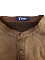 Men's Casual Denim Stand Collar Half-Open Placket Henley Shirt with Chest Pocket and Long Sleeves - Khaki