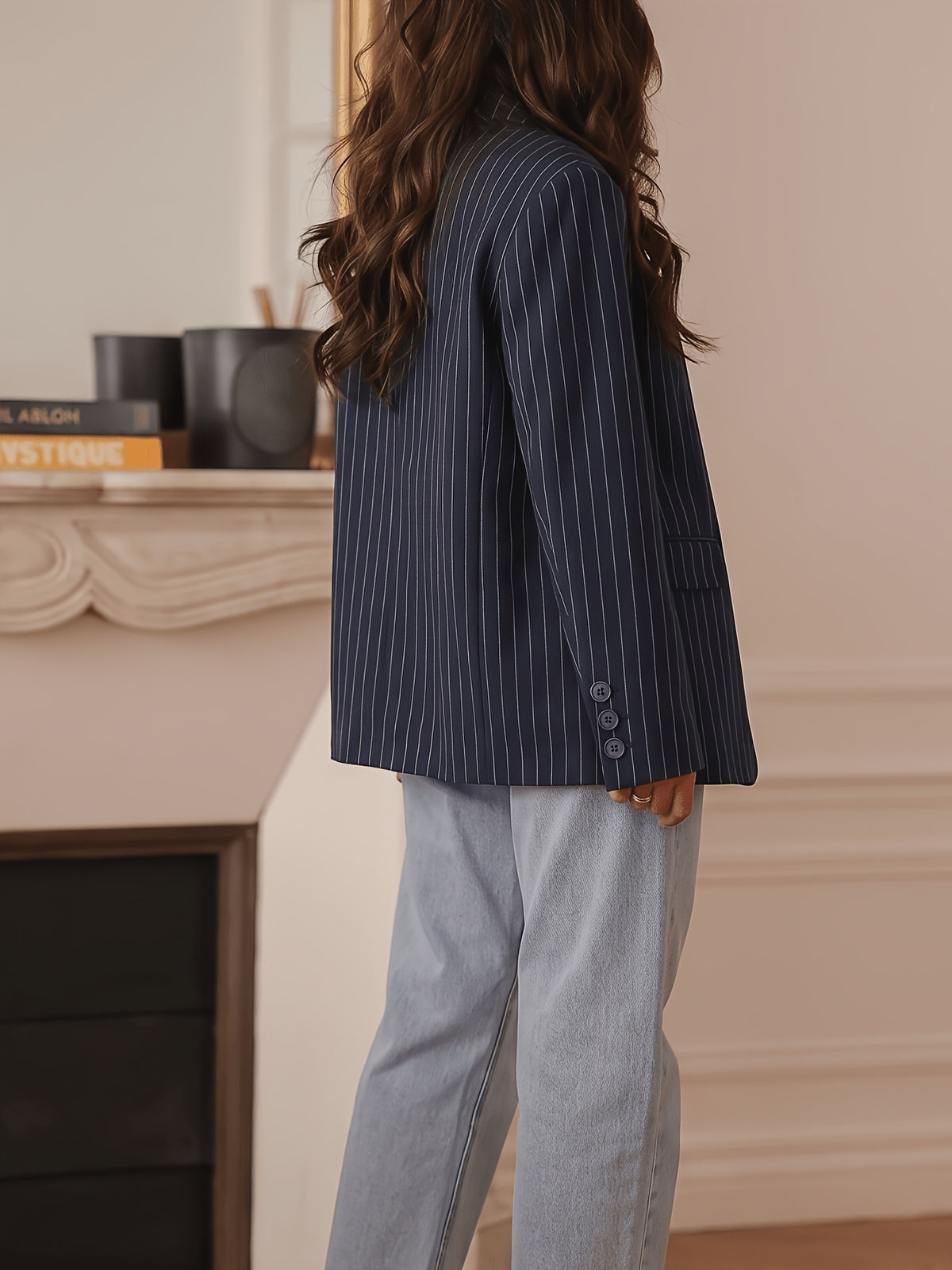 Navy Striped Stand-Up Collar Blazer for Women, 2026 Spring Summer New Asymmetrical Lapel Loose Casual Commuter Small Blazer - Navy Color