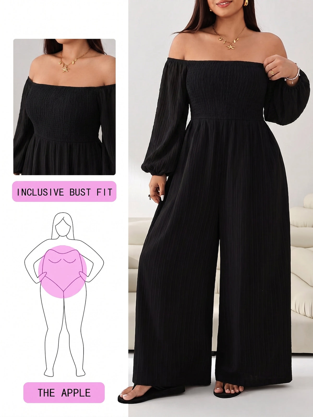 Plus Size Women'S Solid Long Sleeve Wide Leg Jumpsuit - Black