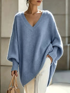 Plus Size - French Casual Style Plus Size V-Neck Sweater Women'S Loose Batwing Sleeve Solid Soft Pullover Sweater Autumn Winter Premium Top - Royal Blue