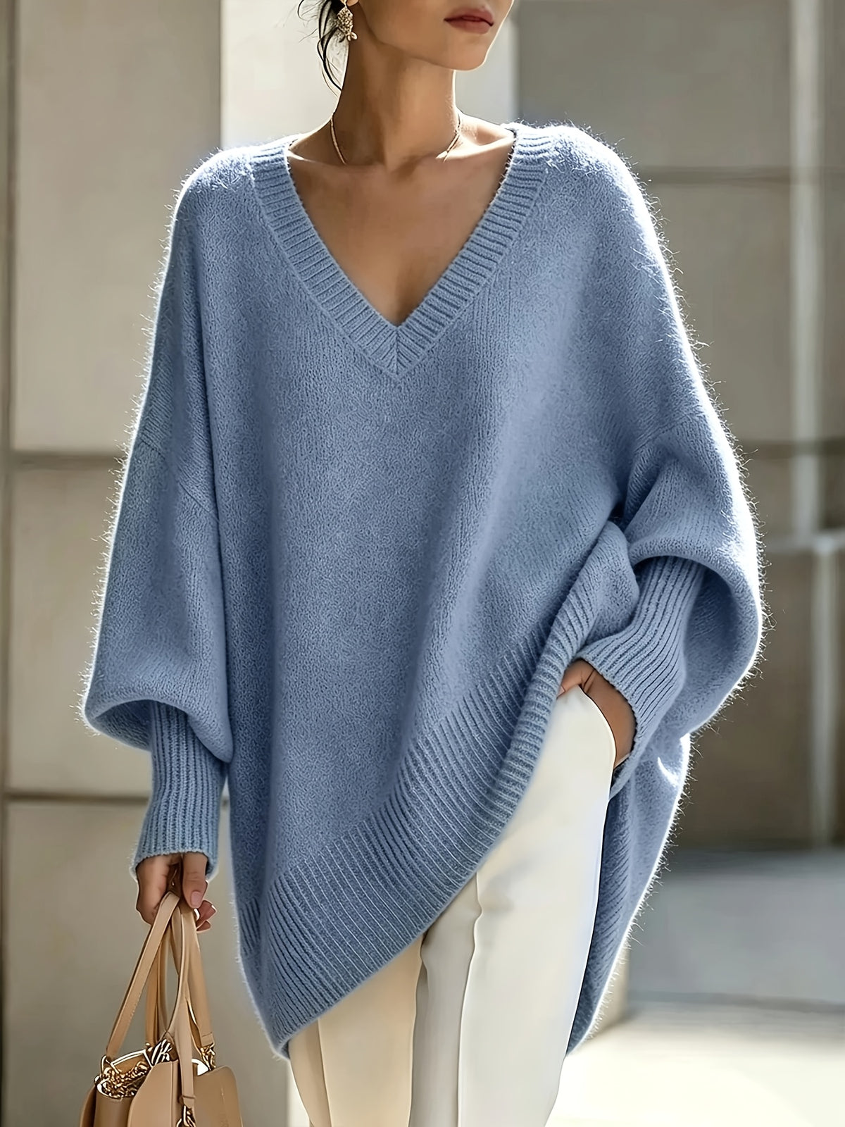 Plus Size - French Casual Style Plus Size V-Neck Sweater Women'S Loose Batwing Sleeve Solid Soft Pullover Sweater Autumn Winter Premium Top - Royal Blue