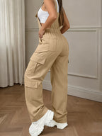 \ Women'S Utility Style Overalls, Multi-Pocket Design, Casual Leisure All-Match Overalls - Khaki