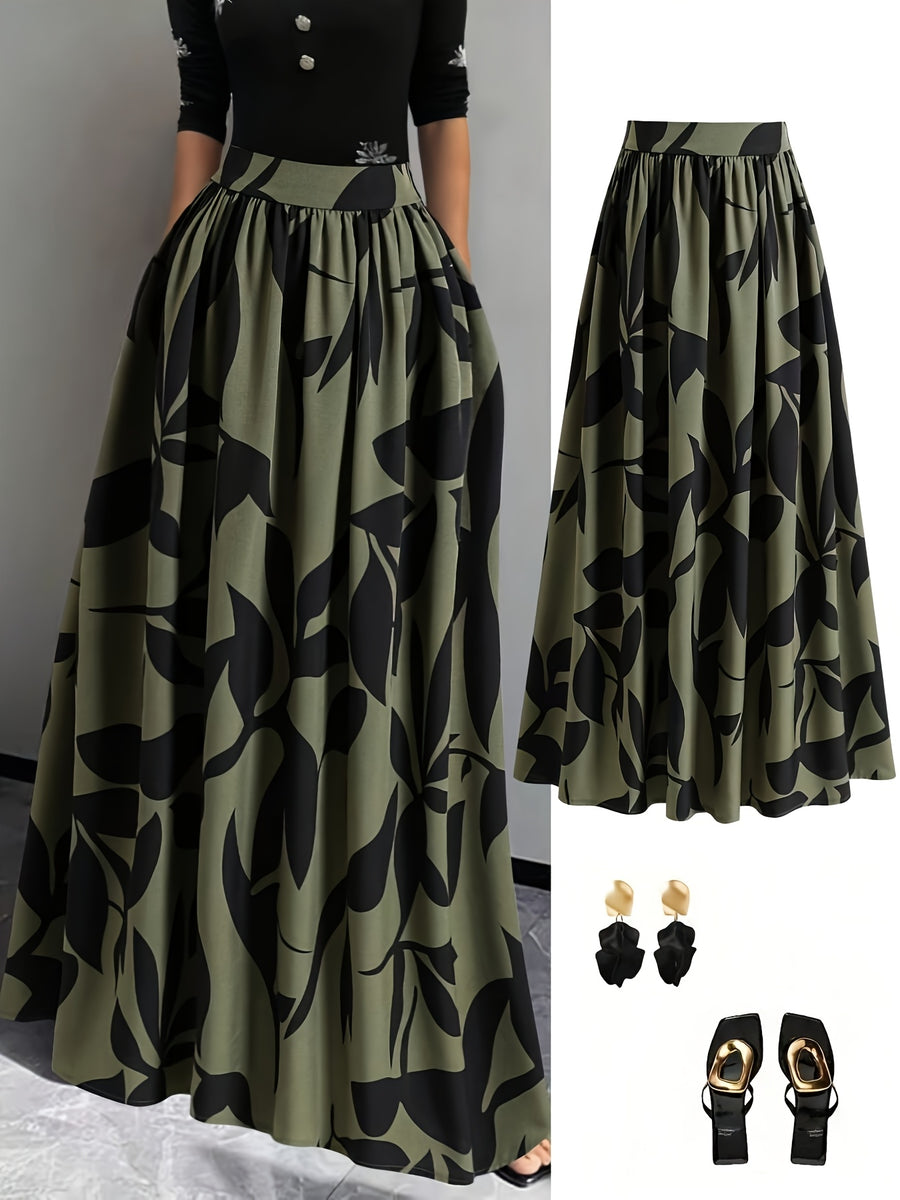 New Spring/Summer/Autumn Women's Printed High-Waist A-Line Skirt, Summer Vacation Dress - fern green