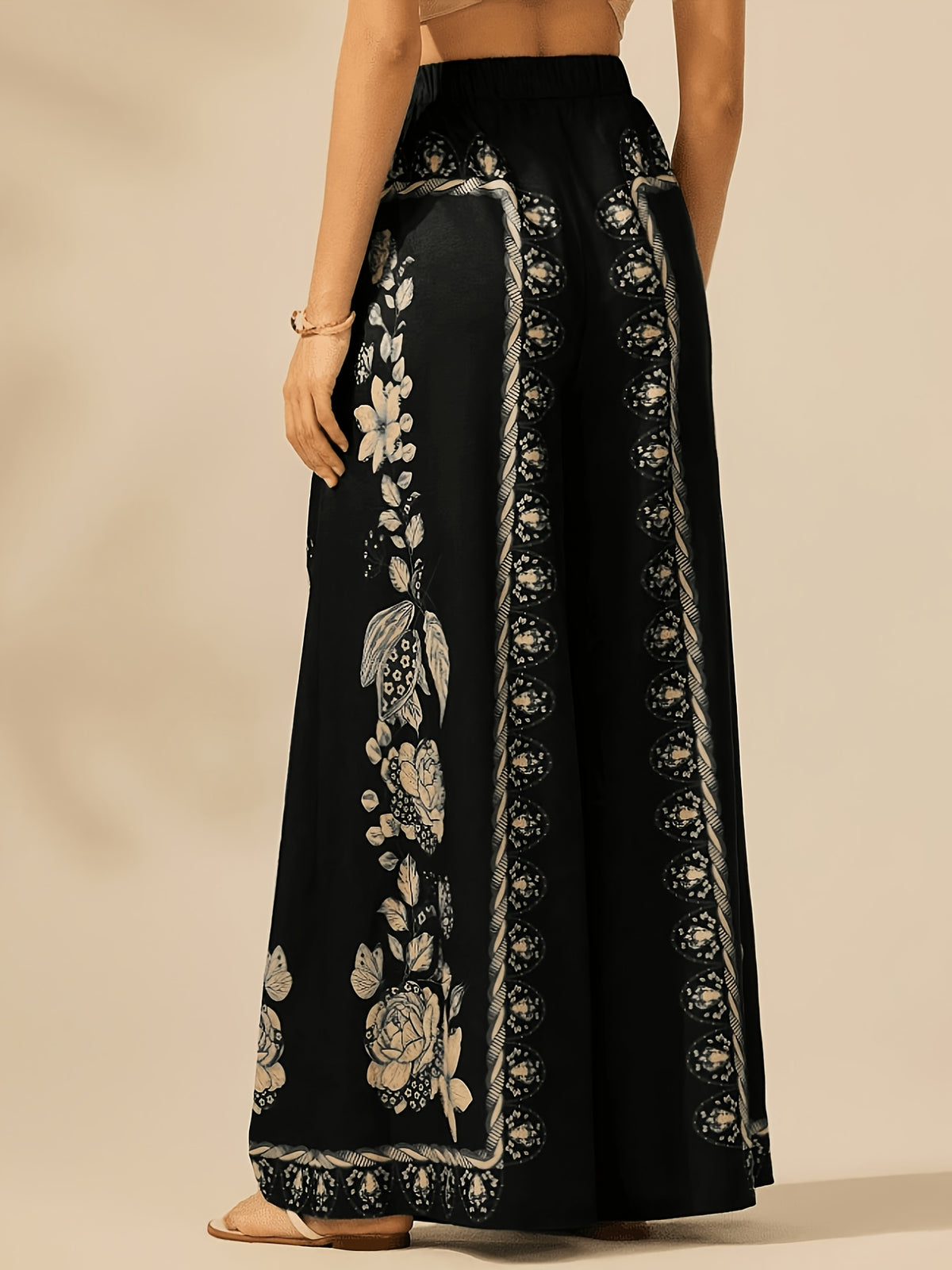 Women's Wide-Leg Pants for Spring, Summer, and Autumn, Floral Print with Drape, Versatile for Vacation and Daily Wear, Casual Fashion Trousers - Black