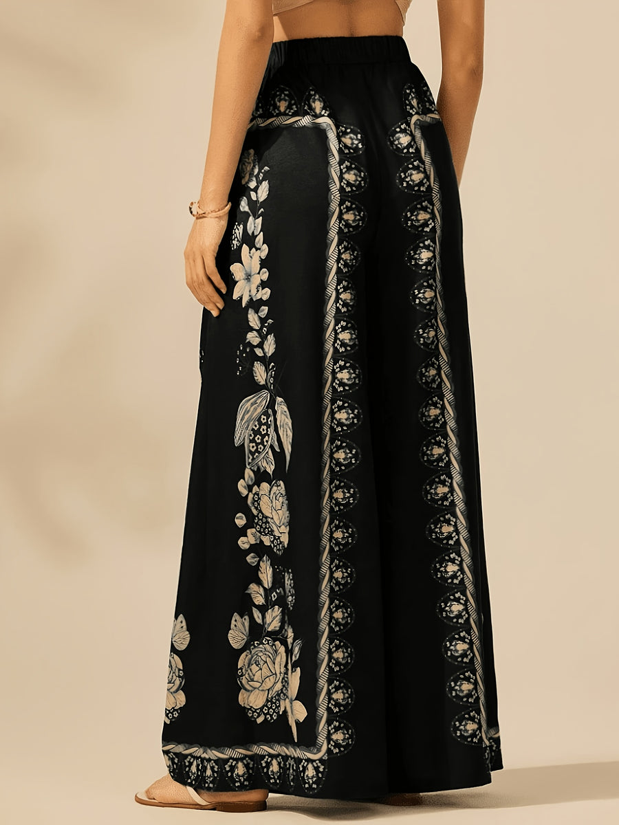 Women's Wide-Leg Pants for Spring, Summer, and Autumn, Floral Print with Drape, Versatile for Vacation and Daily Wear, Casual Fashion Trousers - Black