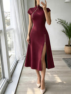 Elegant Women'S Black Golden Zipper Detail Slim Mid-Length Dress, Date Night, Romantic Evening, Holiday Attire, Party, Date, Elegant Party Wear, Elegant Refined Chic Dress - Burgundy