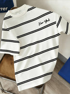 Men's American Classic Black and White Striped Short-Sleeve T-Shirt with English Print on the Chest, Trendy Top - Black