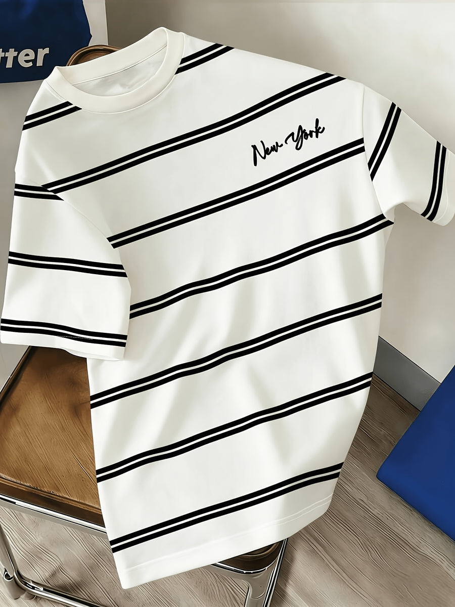 Men's American Classic Black and White Striped Short-Sleeve T-Shirt with English Print on the Chest, Trendy Top - Black