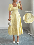 Sophisticated And Beautiful Dress for Bridesmaids, Featuring Floral Jacquard Material, a Square Neckline with Puff Short Sleeves, a Smocked Back with a Cinched Waist, And an A-Line Silhouette, Perfect for Everyday Wear, Dates, Parties, And Vacations - Yellow
