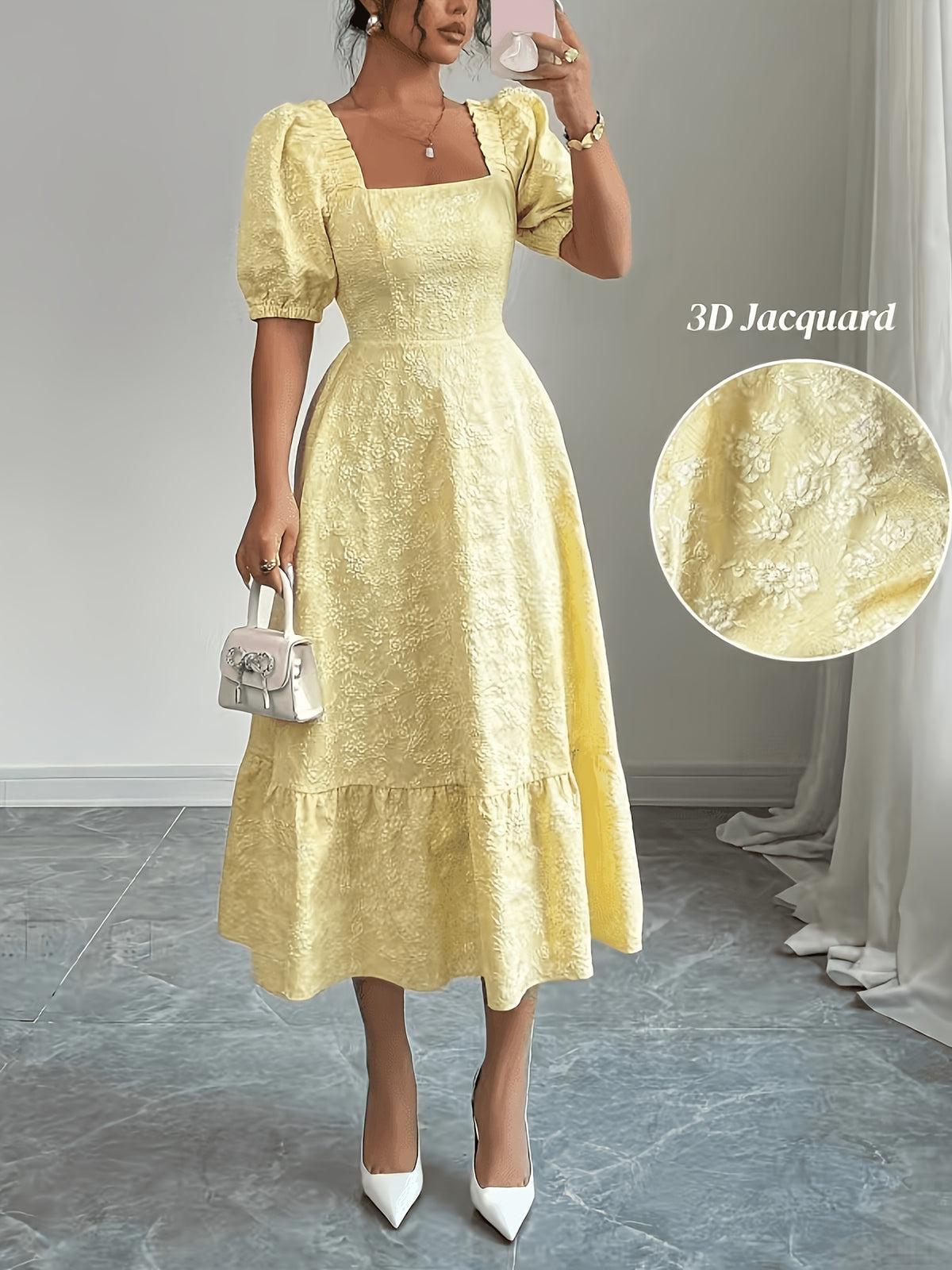 Sophisticated And Beautiful Dress for Bridesmaids, Featuring Floral Jacquard Material, a Square Neckline with Puff Short Sleeves, a Smocked Back with a Cinched Waist, And an A-Line Silhouette, Perfect for Everyday Wear, Dates, Parties, And Vacations - Yellow