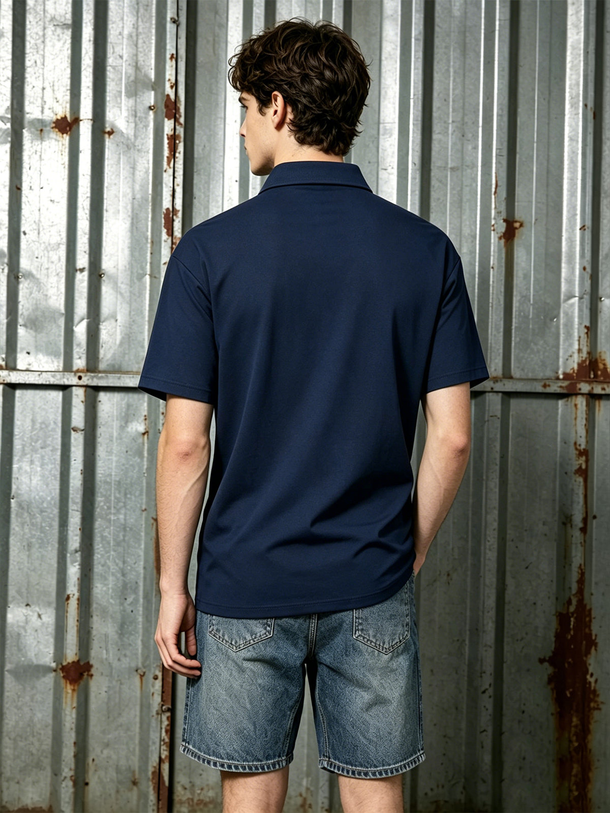1 Men's Loose Fit Drop Shoulder Full-Zip Contrast Stitching Short Sleeve Polo Shirt, Breathable Ultra-Lightweight Quick-Dry Casual Zip-Up T-Shirt, Wear-Resistant Anti-Pilling Loose Functional Short Sleeve, Suitable for Outdoor Leisure, Outings - Navy Color