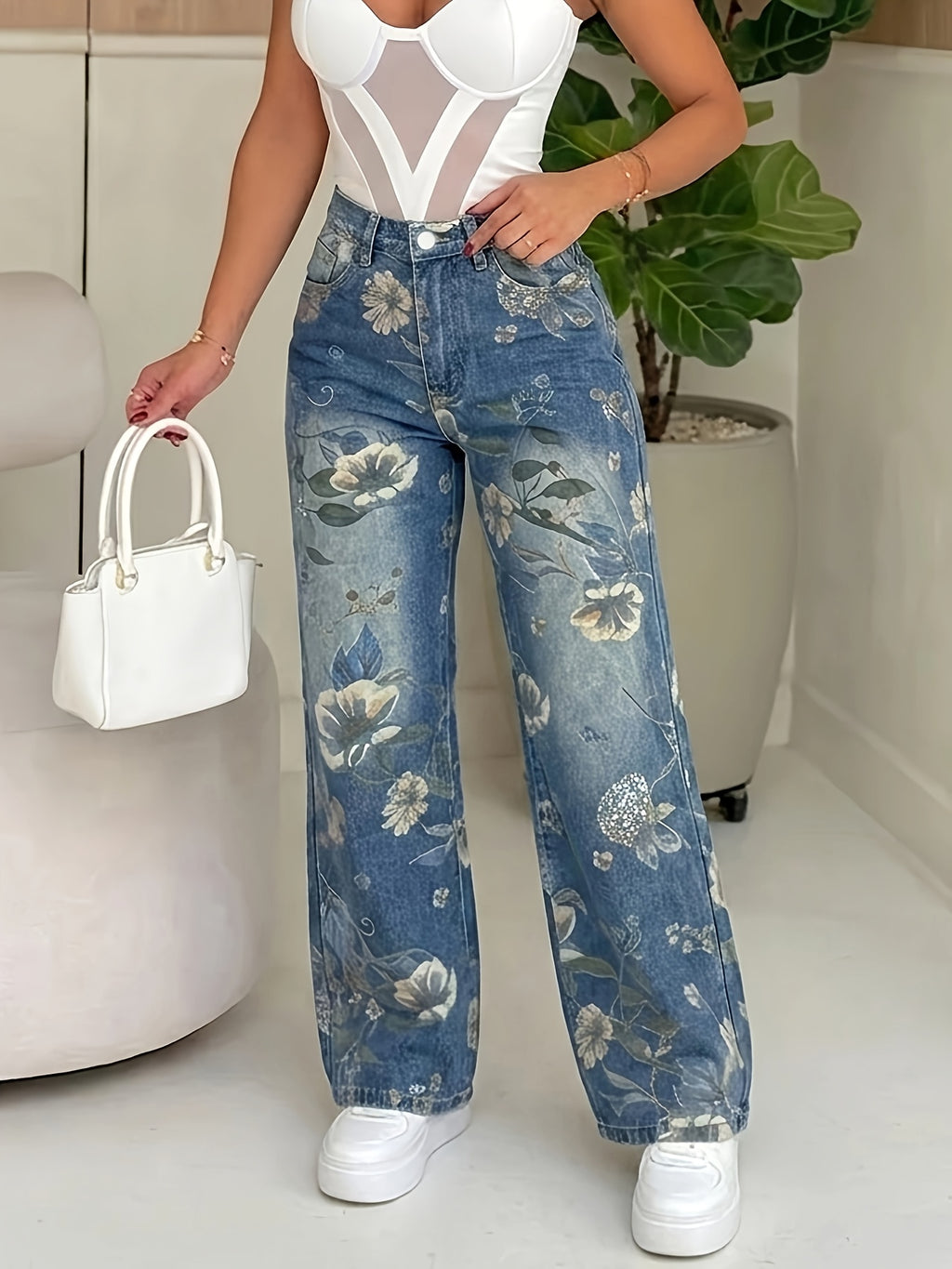 Women'S Wide-Leg Straight Jeans, Wide Cuffed Elastic Waist, Printed Washed Blue Denim, New Arrival, 2 Styles Available: Office And Casual, Fashionable And Versatile - Blue