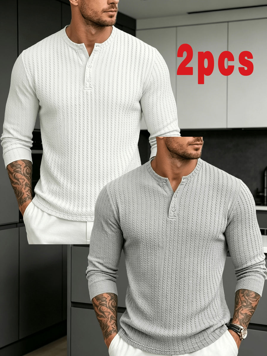Halloween Thanksgiving Black Friday Cyber Monday Christmas Ultra V 2pcs Men'S Vertical Texture Henley Long Sleeve T-Shirts, High-Elastic Jacquard Fabric Slimming And Slimming, Semi-Open Button Collar Easy And Atmospheric - Gray White