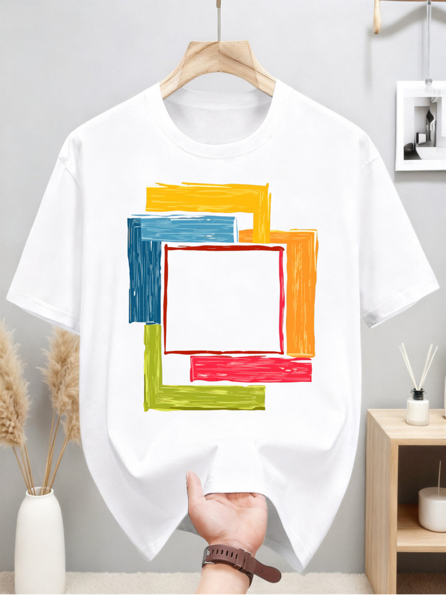 2026 Men'S Casual Short Sleeve T-Shirt with Hand-Painted Multi-Color Square Pattern Design - Summer Round Neck Tee Suitable for Beach, Picnic, And Casual Wear - Hand Washable Art Top, Regular Fit, 100%, Machine Washable, Sizes S-2XL - White