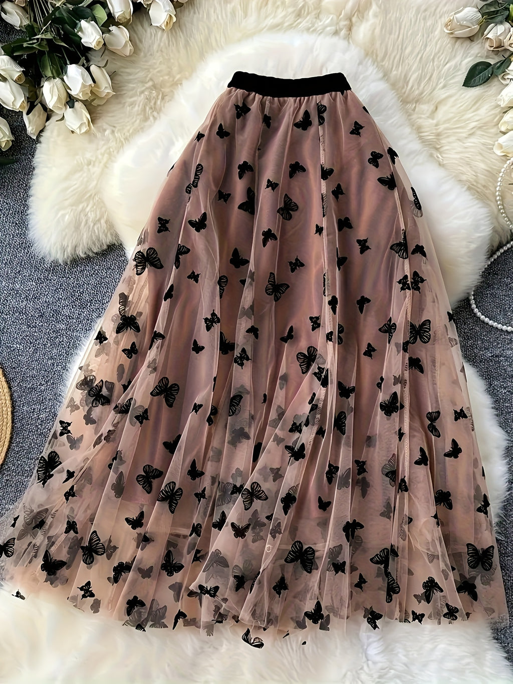 Ladies' Elegant Butterfly-patterned Chiffon Calf-length Skirt - Coffee Brown