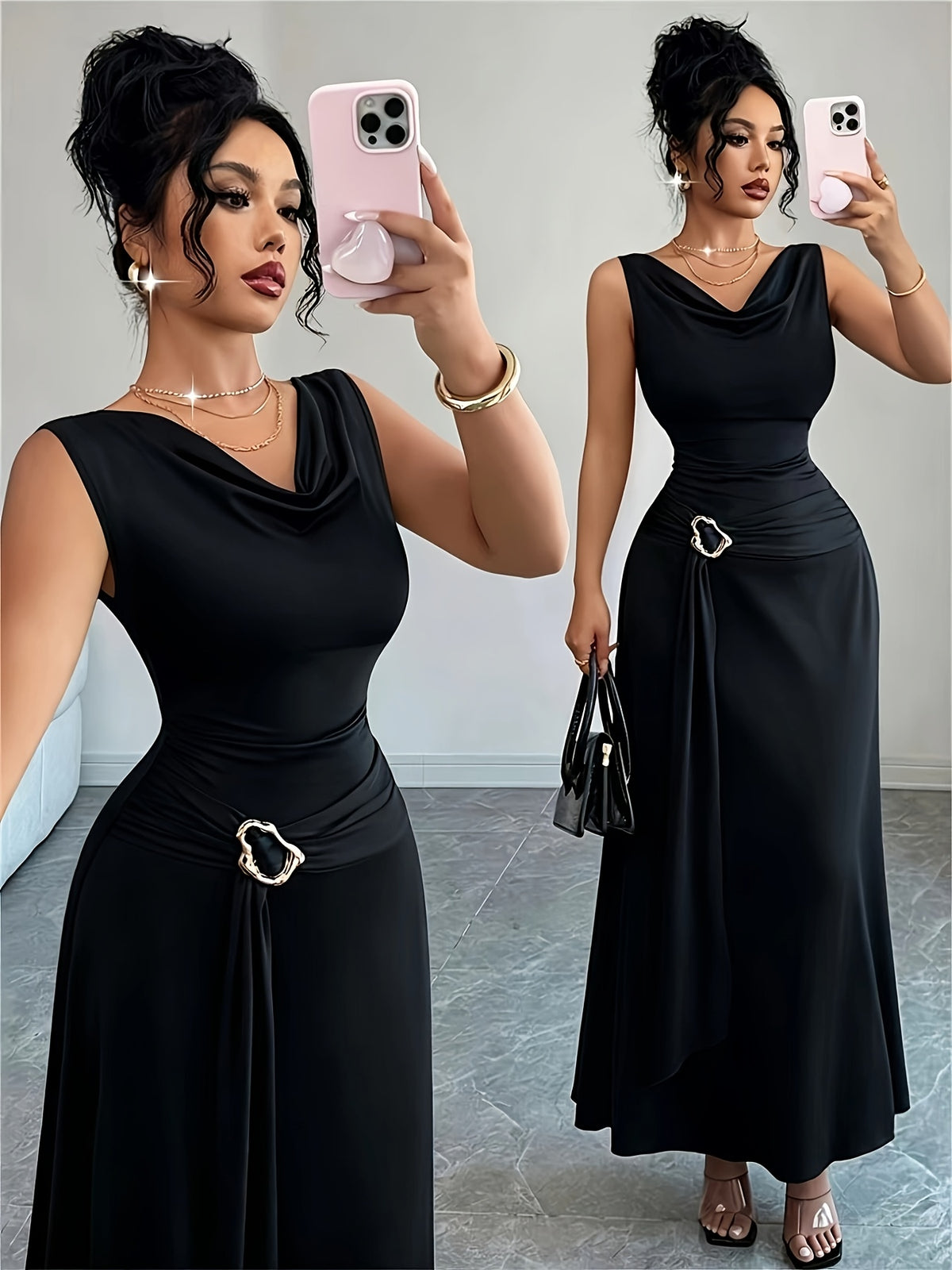 Sleeveless Puff Sleeve Dress Women'S Metallic Buckle Waist-Cinching Bodycon Skirt Elegant Temperament Evening Date Dress Long Dress - Black