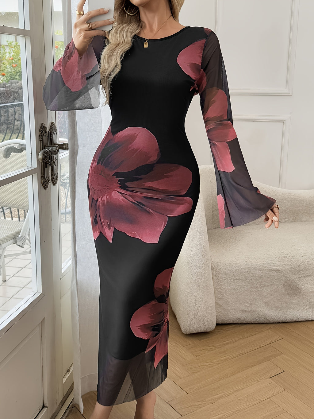 1pc Elegant Floral Sheer Mesh Long Sleeve Dress for Women - Polyester Knit Fabric, Crew Neck, A-Line Silhouette, Versatile for Spring/Summer/Fall - Adult Fashion - Mixed colors