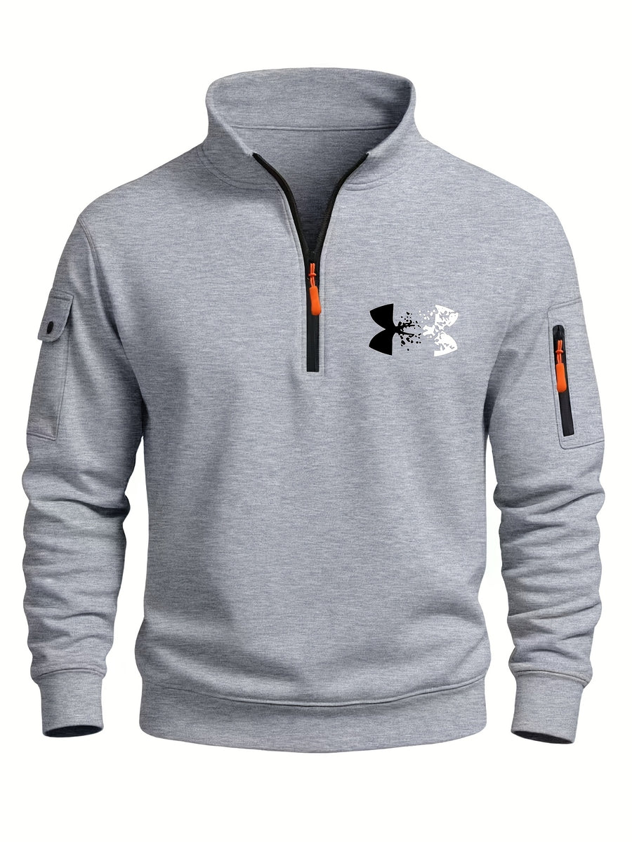 2026 Autumn/Winter New Men's Stand Collar Half-Zip Sweatshirt, Distressed Print, Workwear Style Multi-Pocket Design, Wear-Resistant and Wrinkle-Resistant Fabric, Sleek Cut Without Bulk, Combining Workwear Practicality with Casual Attire Adaptability - Light Gray 1