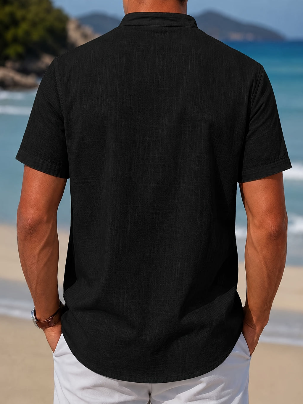 Men's Casual Solid Color 100% Cotton Short Sleeve Summer Button-Up Shirt, Round Neck Breathable Sweat-Absorbent Pure Cotton Pocket Print 100g Lightweight Shirt - Black