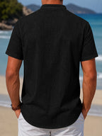 Men's Casual Solid Color 100% Cotton Short Sleeve Summer Button-Up Shirt, Round Neck Breathable Sweat-Absorbent Pure Cotton Pocket Print 100g Lightweight Shirt - Black