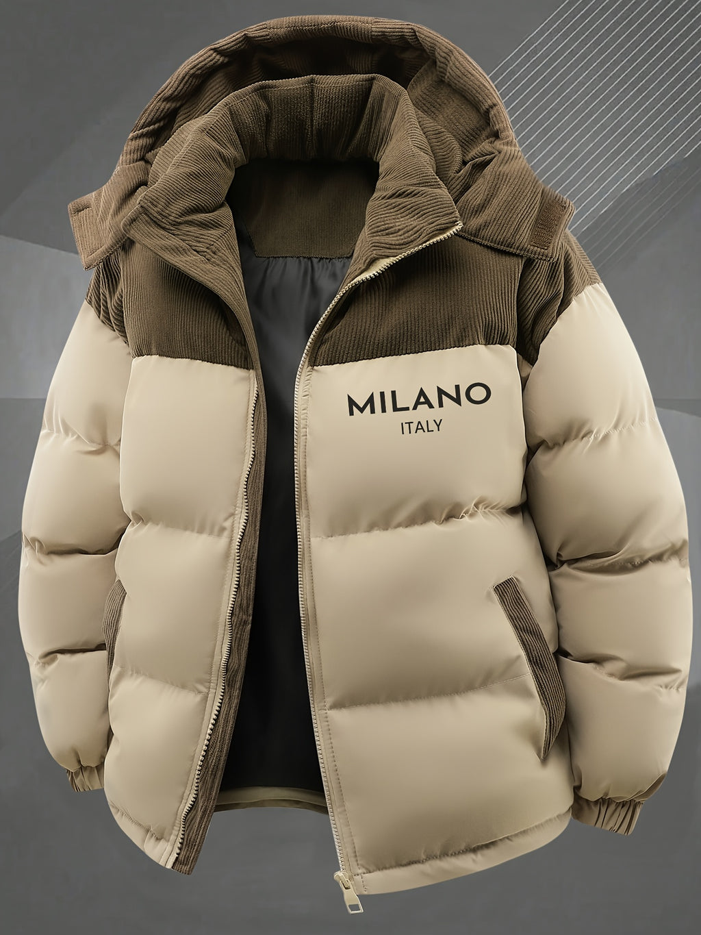 2025 New Winter Removable Hood Jacket Men'S Casual Print Hooded Coat Thickened Trendy Top Outerwear Men - Khaki
