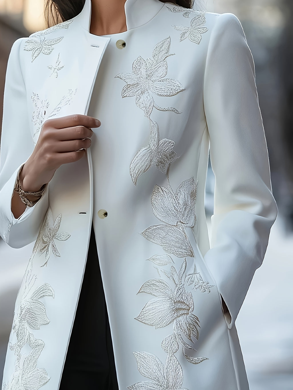 Women's Classic Floral Embroidered Jacket - Soft White H-Line Single-Breasted Coat, Machine Washable, Versatile for All Seasons, Casual and Business Wear, Stylish Layering Design, High-Quality Stitching, Exquisite Embroidered Overcoat, Office Attire - White