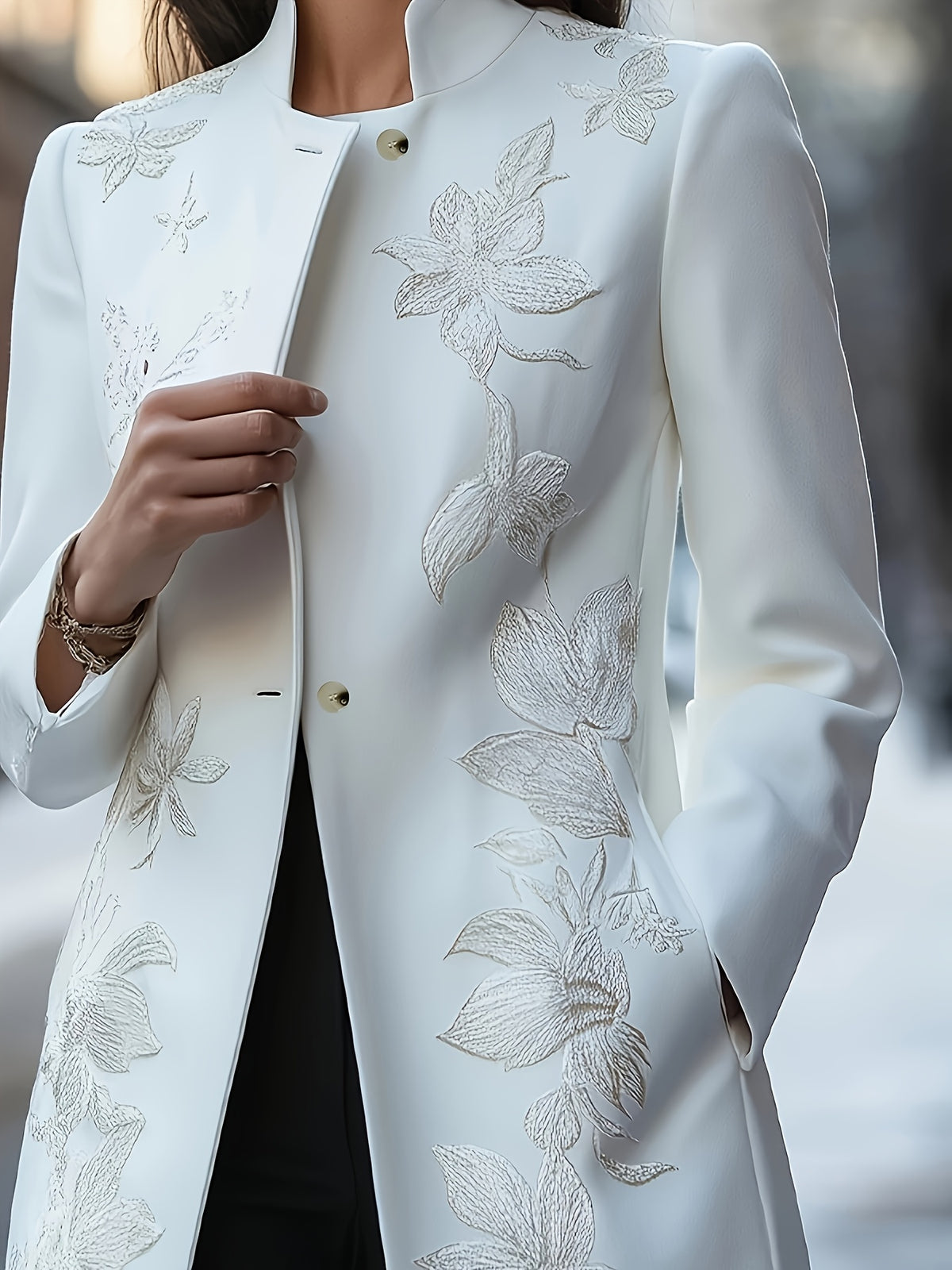 Women's Classic Floral Embroidered Jacket - Soft White H-Line Single-Breasted Coat, Machine Washable, Versatile for All Seasons, Casual and Business Wear, Stylish Layering Design, High-Quality Stitching, Exquisite Embroidered Overcoat, Office Attire - White
