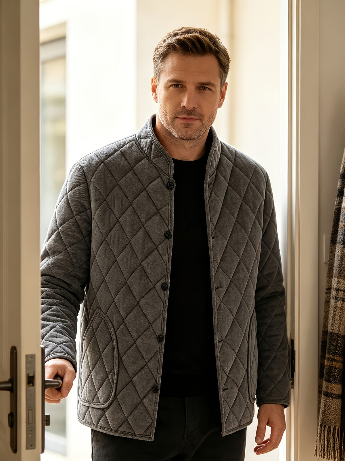 Men's Winter Thickened -Lined Padded Coat, Solid Color with Diamond-Pattern Stitching and Pockets, Casual Warm Padded Outerwear - Grey