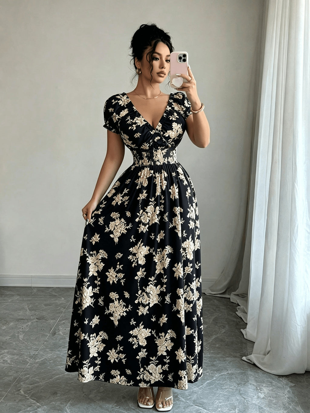 V-neck Ruffle Design, Floral Print Fabric, Elastic Waist Slim-Fit Short Sleeve Women's Dress, Elegant Party Wear, Date Night - Black Mixed Color