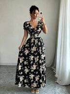 V-neck Ruffle Design, Floral Print Fabric, Elastic Waist Slim-Fit Short Sleeve Women's Dress, Elegant Party Wear, Date Night - Black Mixed Color