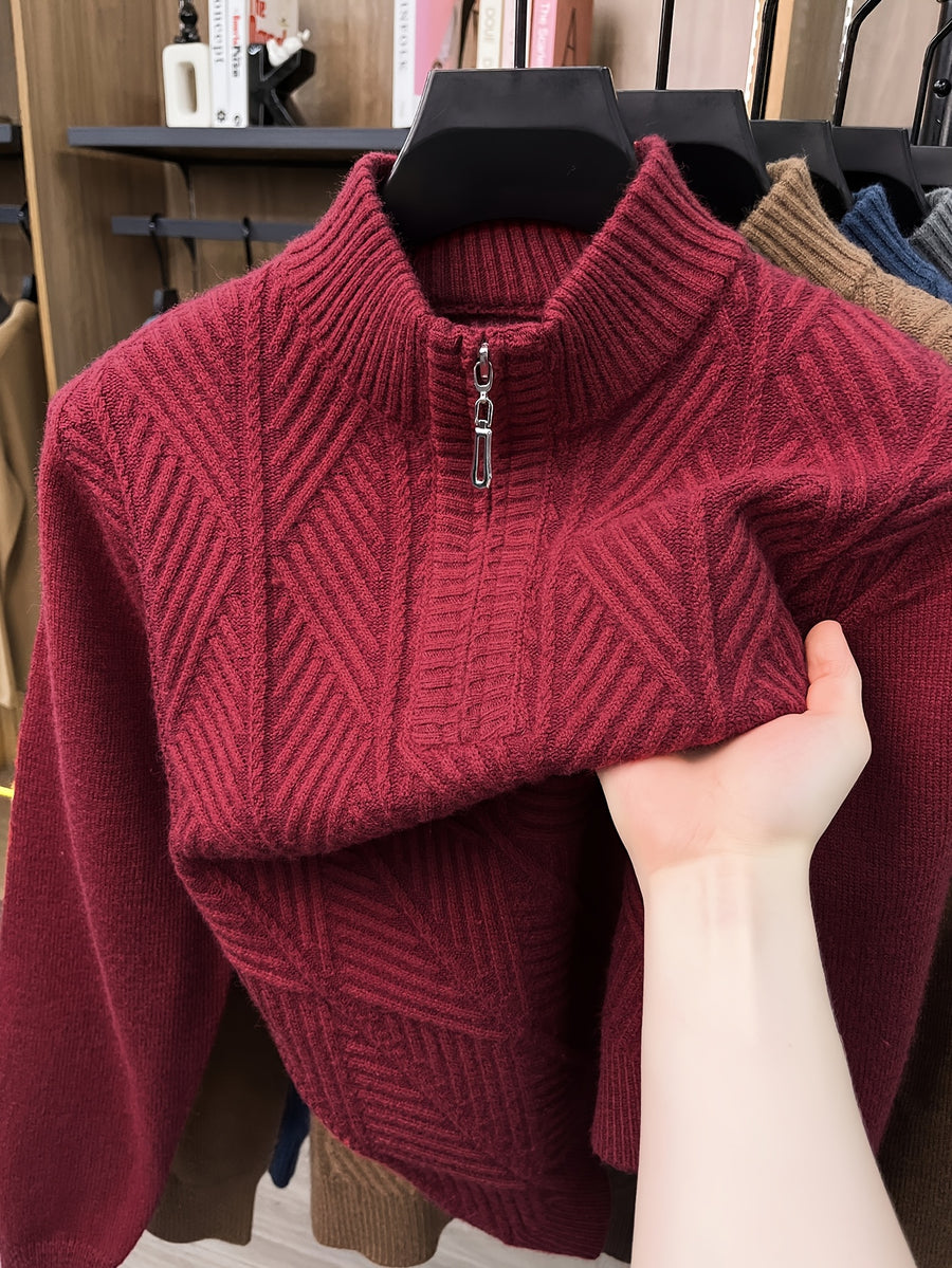Men's Half-Zip Stand Collar Sweater with Zippered Panel & Striped Jacquard Knit - Warm Winter Pullover, Stretchable Stand Collar Suitable for Casual Office Wear, Layering Top, Hand Washable Regular Fit Blazer Compatible - Burgundy