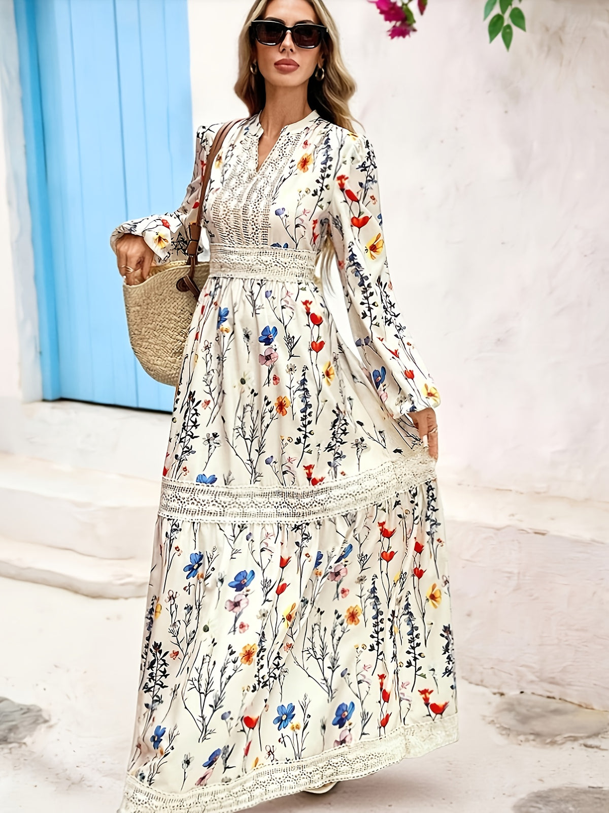 Women's Vacation Floral Print Color-block Lace Long-sleeve Maxi Dress, Fashionable and Elegant Style, Autumn Women's Clothing - Multicolor