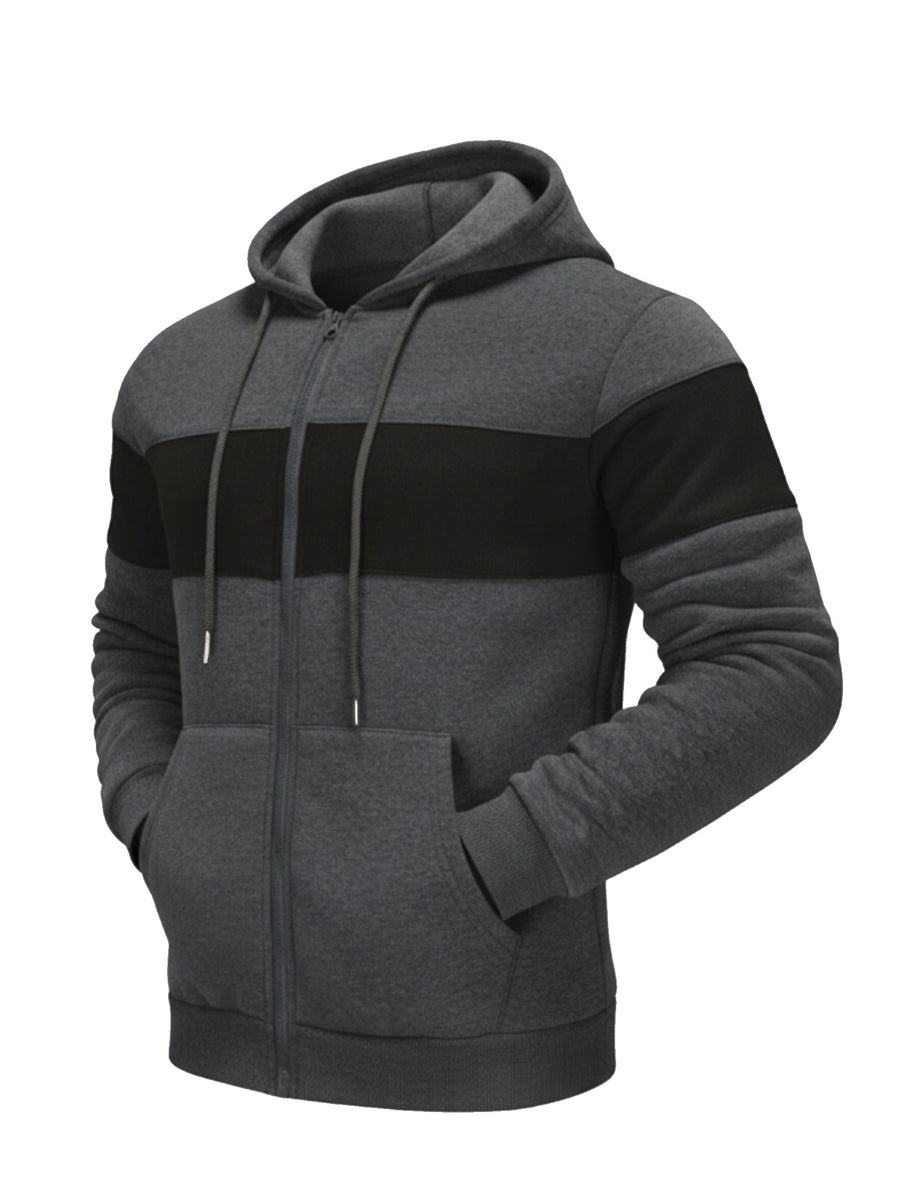2026 New Men'S Solid Color Hooded Jacket, Cardigan Style with Hat And Color-Blocked Sleeves, Men'S Loungewear Suitable for Running, Ribbed Cuffs, Casual Wear High-Quality Jacket, Commute Versatile Top, Multiple Colors And Sizes Available - Dark Gray