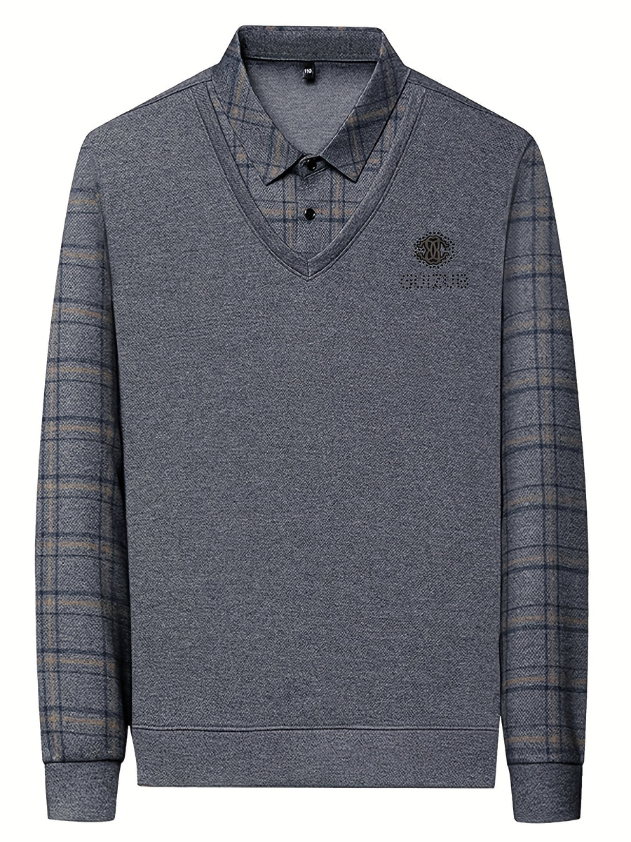 Striped Long-Sleeve Men'S Faux Two-Piece Top, Thin Autumn Winter Base Layer T-Shirt - President Gray
