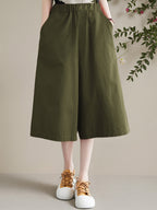 Women's Wide-Leg Capri Pants, New Summer Style with Elastic Waist, Loose Fit for a Look, Casual Skort Pants - Military green1