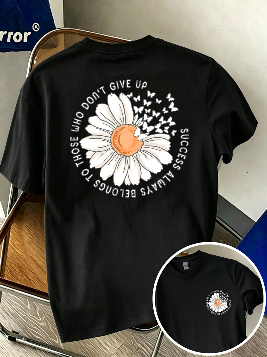 Men's 100% Pure Cotton Comfortable Casual Soft Breathable Daisy and Butterfly Print Short-Sleeve T-Shirt for Spring and Autumn Daily Commuting - Black