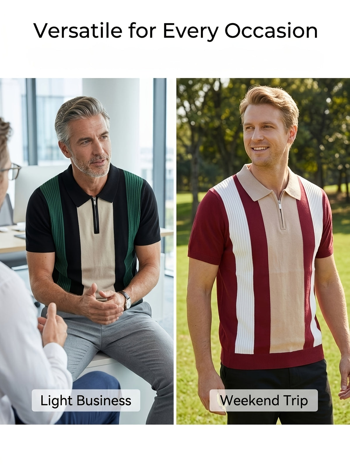 Old Money Style Men's Half-Zip Contrast Color Vertical Stripe Knit Polo 2pcs Set, Ice Silky Fiber Fabric, Breathable Business Casual Short-Sleeve Suit Sweater - 2PACK-BR