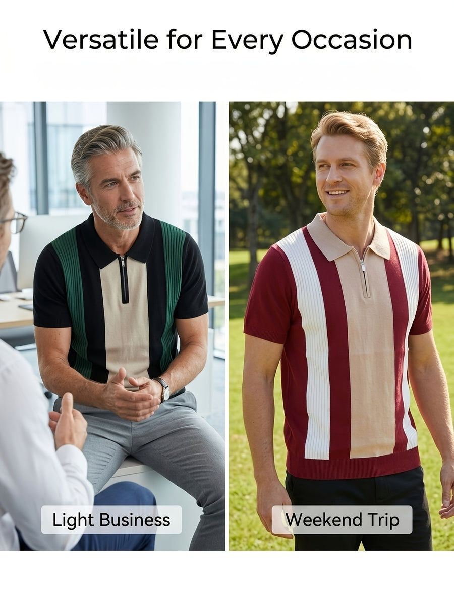 Old Money Style Men's Half-Zip Contrast Color Vertical Stripe Knit Polo 2pcs Set, Ice Silky Fiber Fabric, Breathable Business Casual Short-Sleeve Suit Sweater - 2PACK-BR