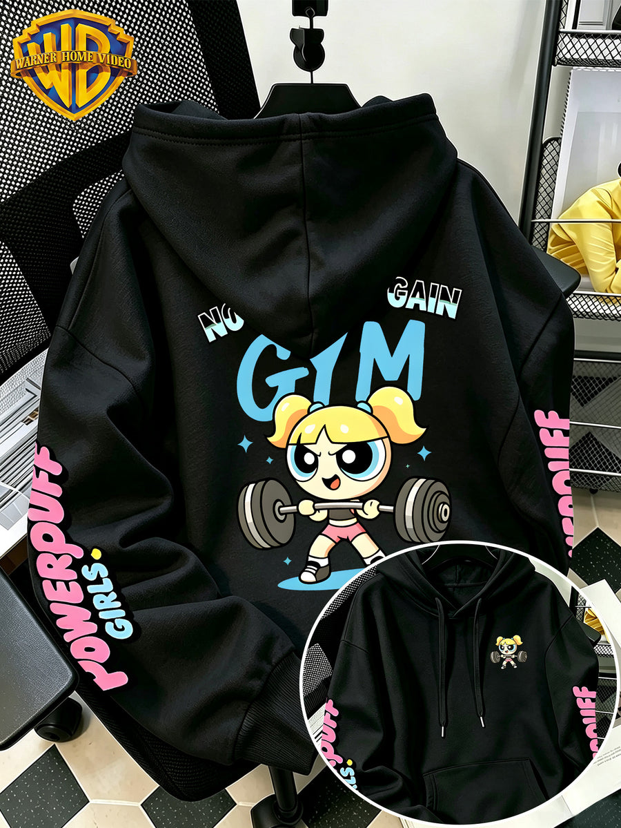 Warner Bros Official Dumbbell Bubble Cartoon Print Hoodie - Men's Fashion Hoodie with Adjustable Drawstring, Loose and Comfortable Sweatshirt, Suitable for Daily and Outdoor Sports Wear, the Perfect Choice for Warmth in Autumn and Winter! Sizes - Black