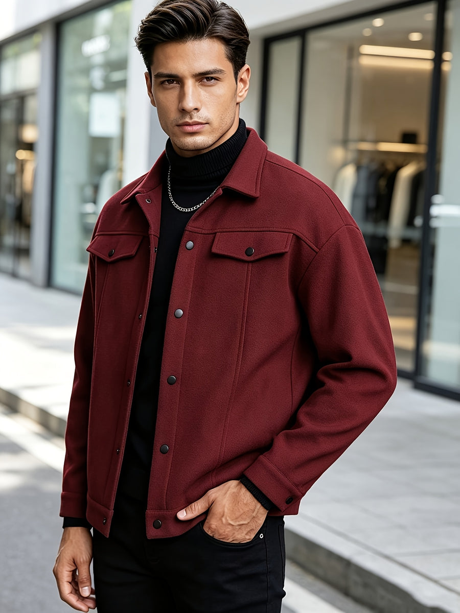 Autumn Winter Men'S Short Jacket Loose Lapel Cargo Coat Youth Solid Color All-Match Casual Top - Deep Red