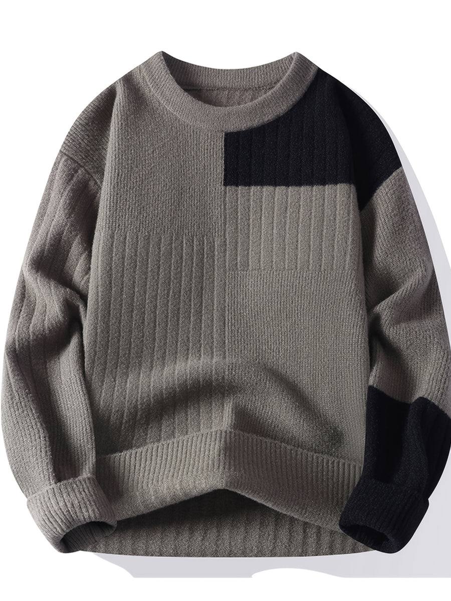 Men's Crew Neck Color Block Sweater, New Autumn/Winter Casual Knitwear, Trendy Spliced Pullover, Warm Base Layer Top - Khaki