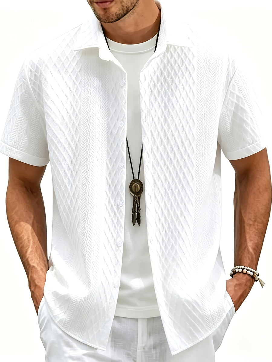 Men's Summer Casual Short-Sleeve Shirt, Jacquard Cardigan, for Daily Commuting, Casual and Relaxed, Loose and Breathable, for Fishing, Basketball, Camping, Beach - White