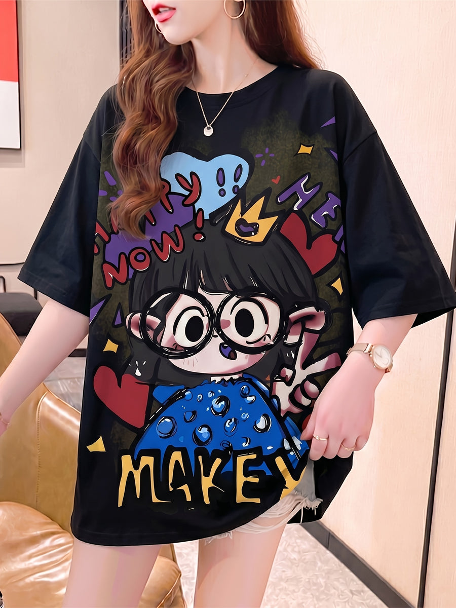 Summer New Fashion Trend Large Size Women's Slim Loose Medium Long Cartoon Short-sleeved T-shirt - Black