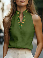 Women's Floral Embroidered Stand Collar Sleeveless Blouse, Embroidered Top, Elegant Summer Outfit, Office and Commuting Attire, Pretty Blouse, Casual Elegance, Shirt - Green