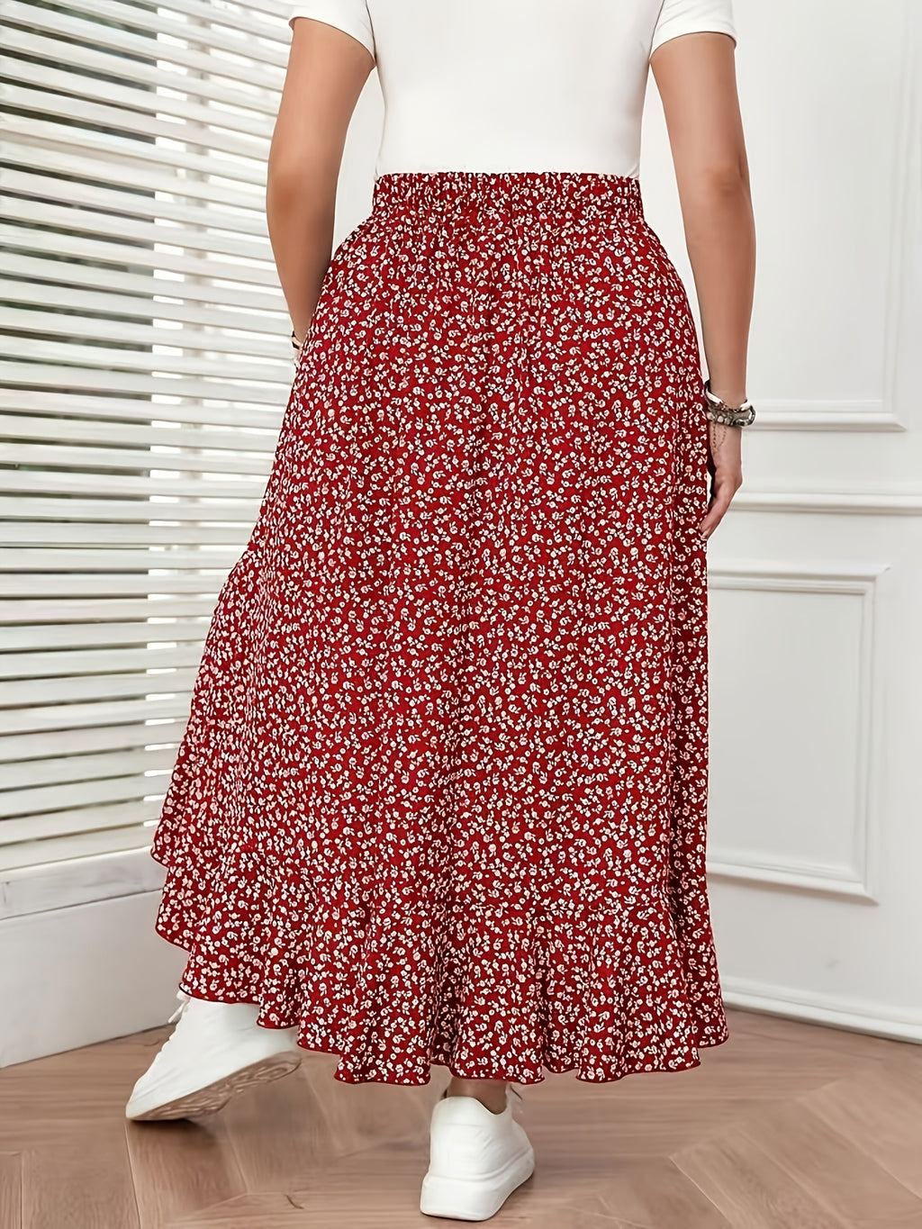 French-Style Floral Print Flowy Half-Skirt, High-Waisted Irregular Ruffle Hem Maxi Skirt - Small red florals
