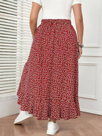French-Style Floral Print Flowy Half-Skirt, High-Waisted Irregular Ruffle Hem Maxi Skirt - Small red florals