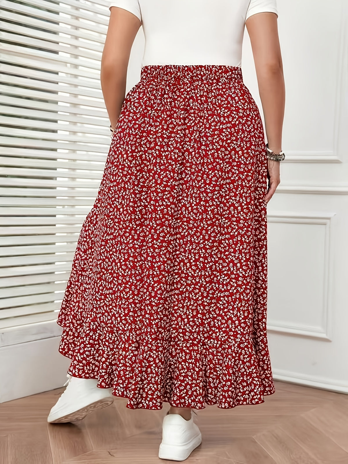 French-Style Floral Print Flowy Half-Skirt, High-Waisted Irregular Ruffle Hem Maxi Skirt - Small red florals