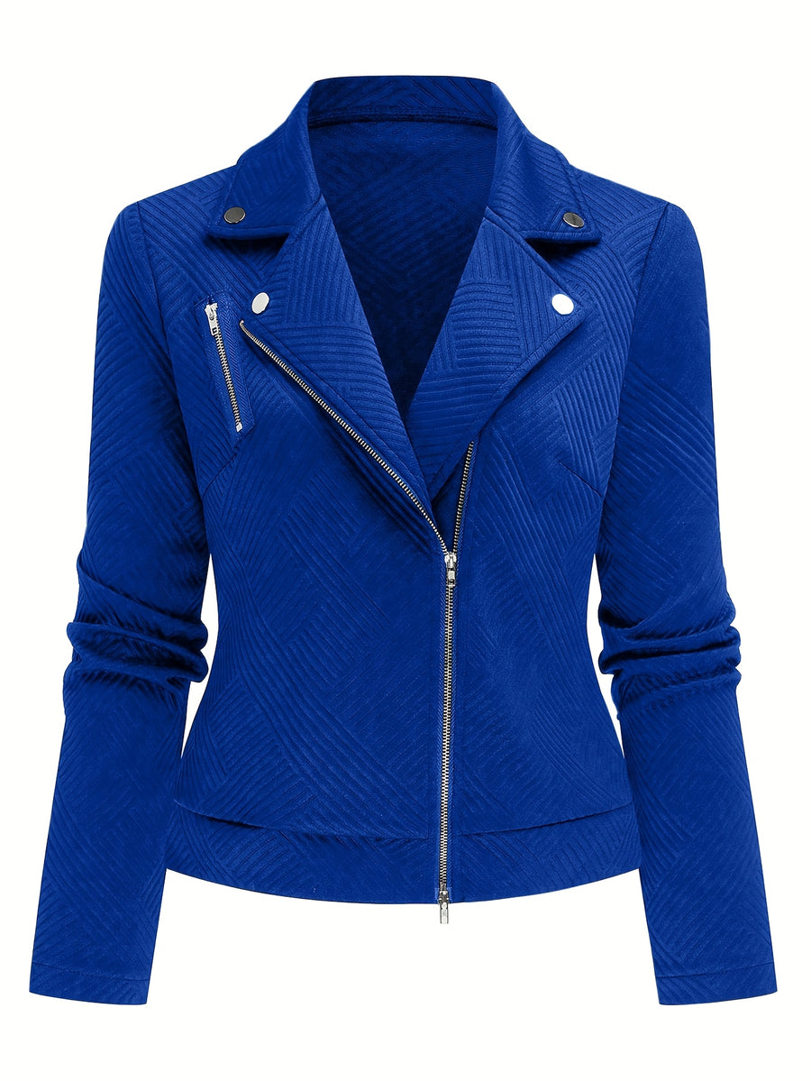 A New Women'S Solid Color Maze Check Zippered Button Decorative Motorcycle Jacket, Stylish And Elegant for Commuting And Casual Wear in Autumn And Winter. The Top Design Is Trendy, with a Unique Style, High-Quality Stitching, Soft Texture - Blue