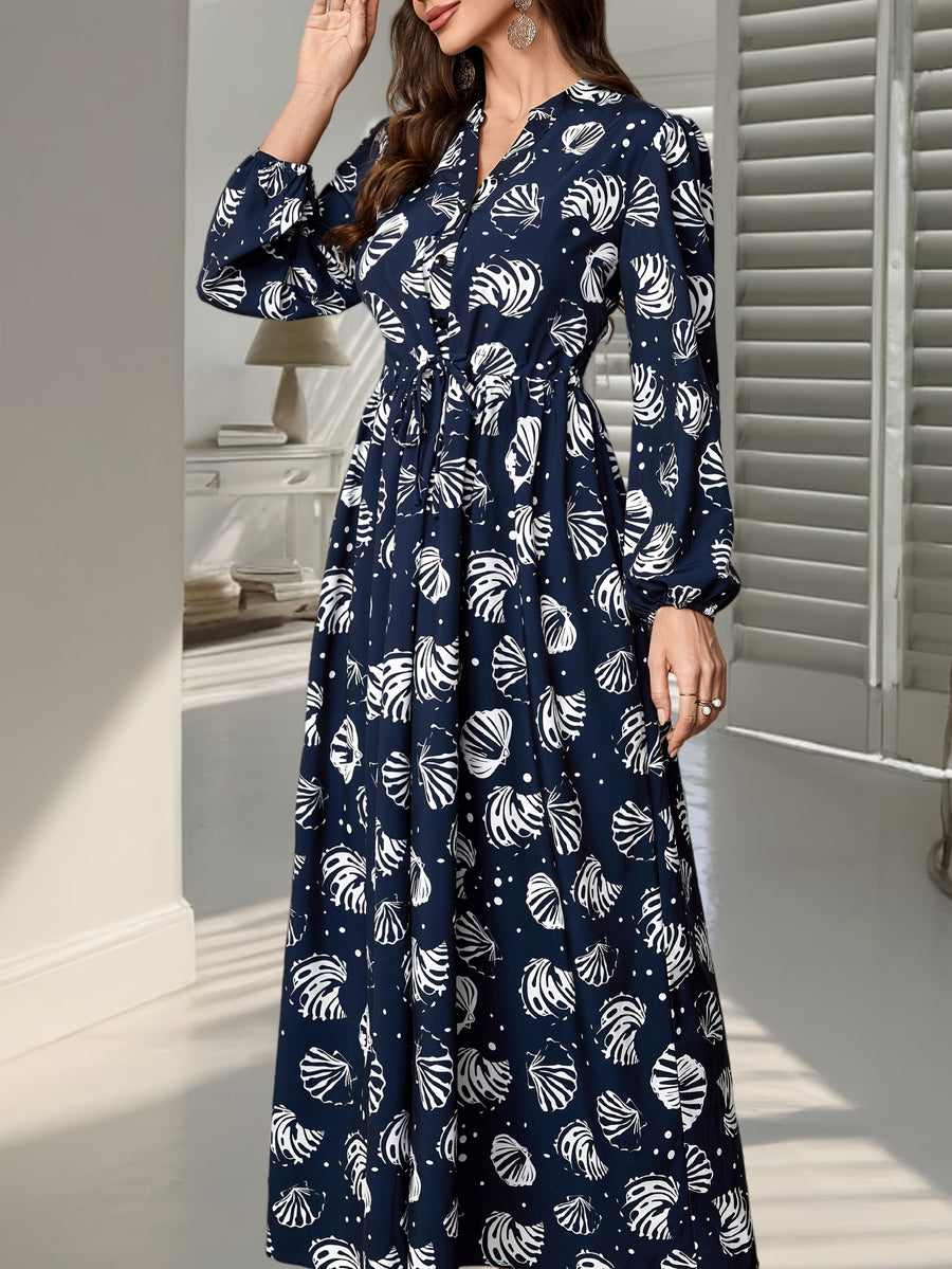 2026 Spring/Summer Women's All-Over Print Loose Fit Maxi Dress with Belt for Vacation and Loungewear - Blue