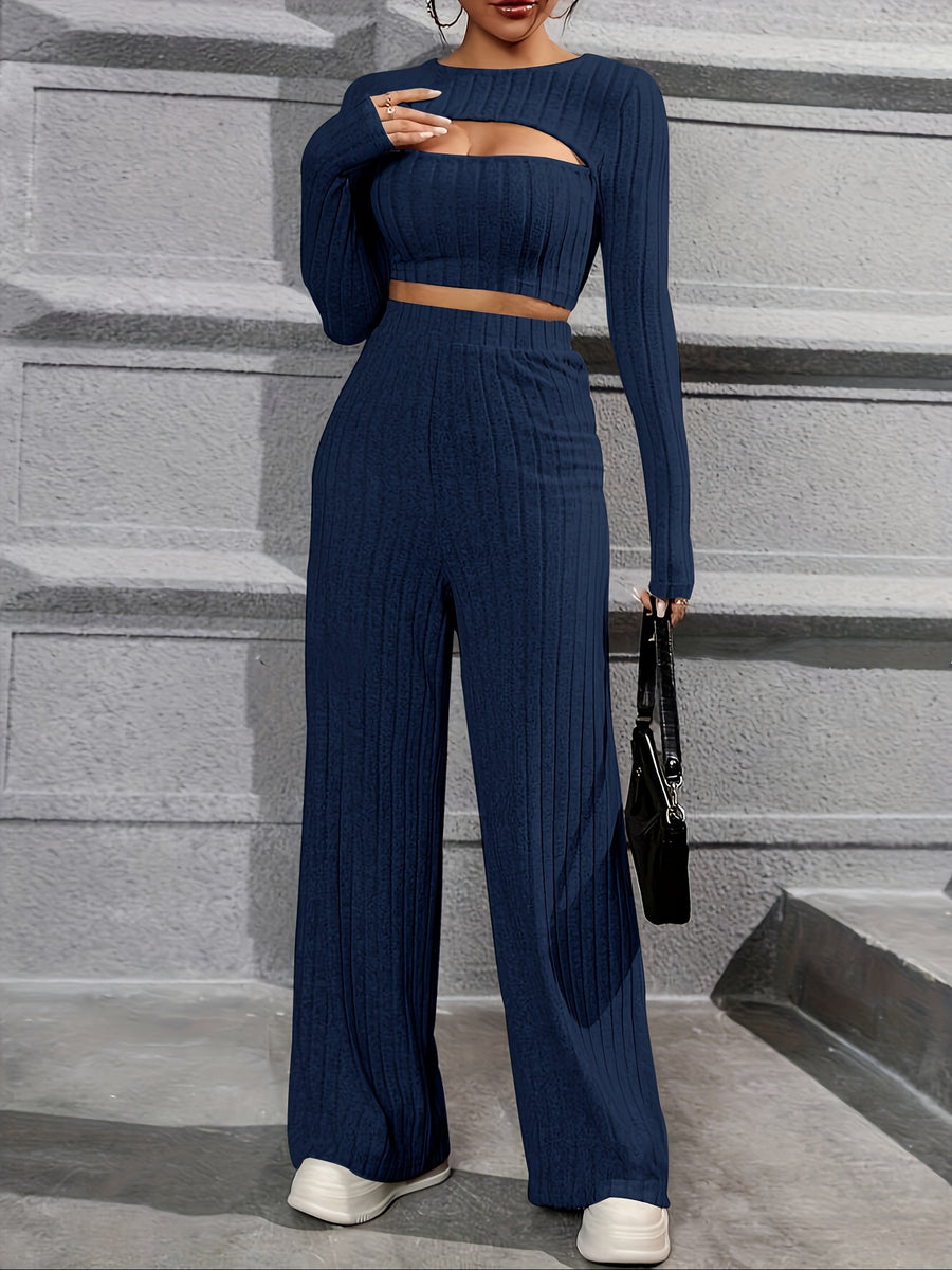 Elegant Directional Women'S Long-Sleeve T-Shirt And Casual Long Pants Set - Navy Color